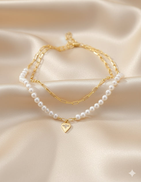 28-Inch Freshwater Pearl & Chain Necklace with Gold Heart Bee Pendant